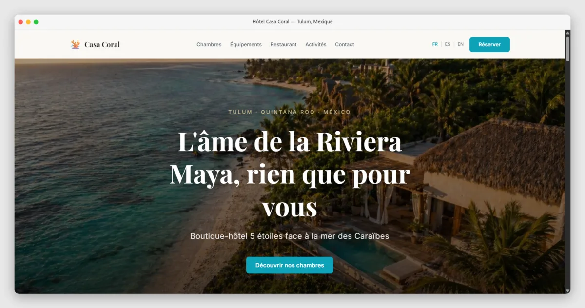 Mockup del sitio web del Hotel Brisa Caribe, Tulum — proyecto de Le Web Studio