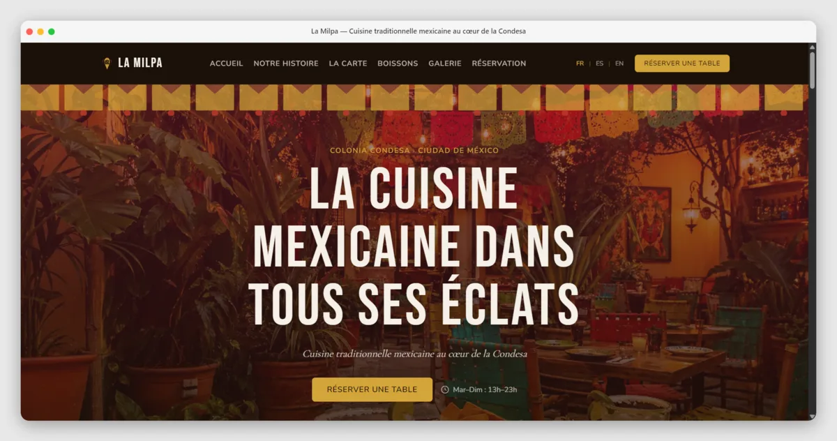 Mockup del sitio web del Restaurante La Milpa, Condesa CDMX — proyecto de Le Web Studio